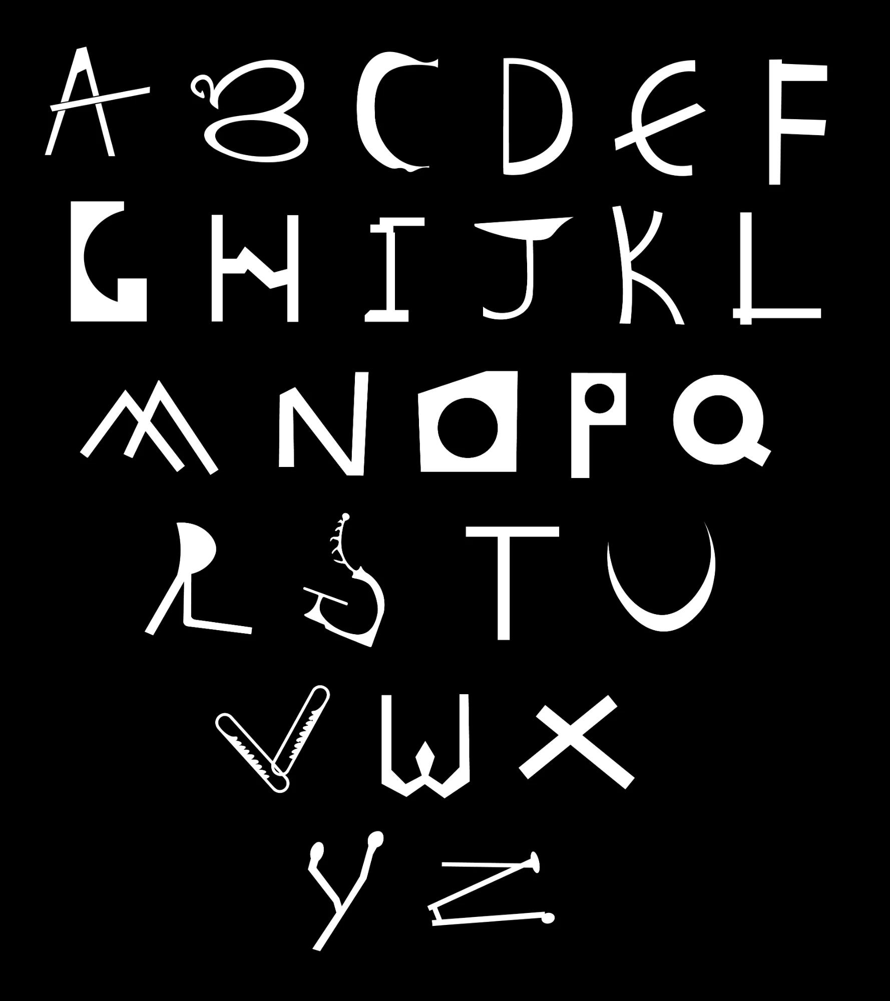 Custom alphabet A to Z in white on black, with letterforms drawn from sculptural shapes