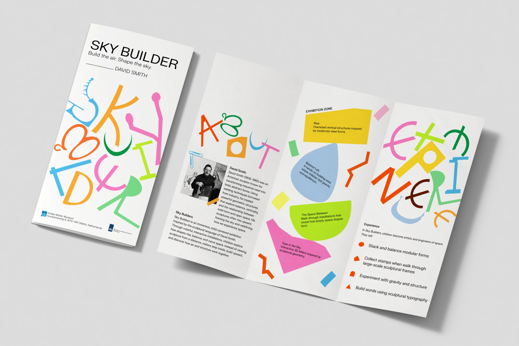 Sky Builder tri-fold brochure, cover and open spreads with colorful letterforms and exhibition zones