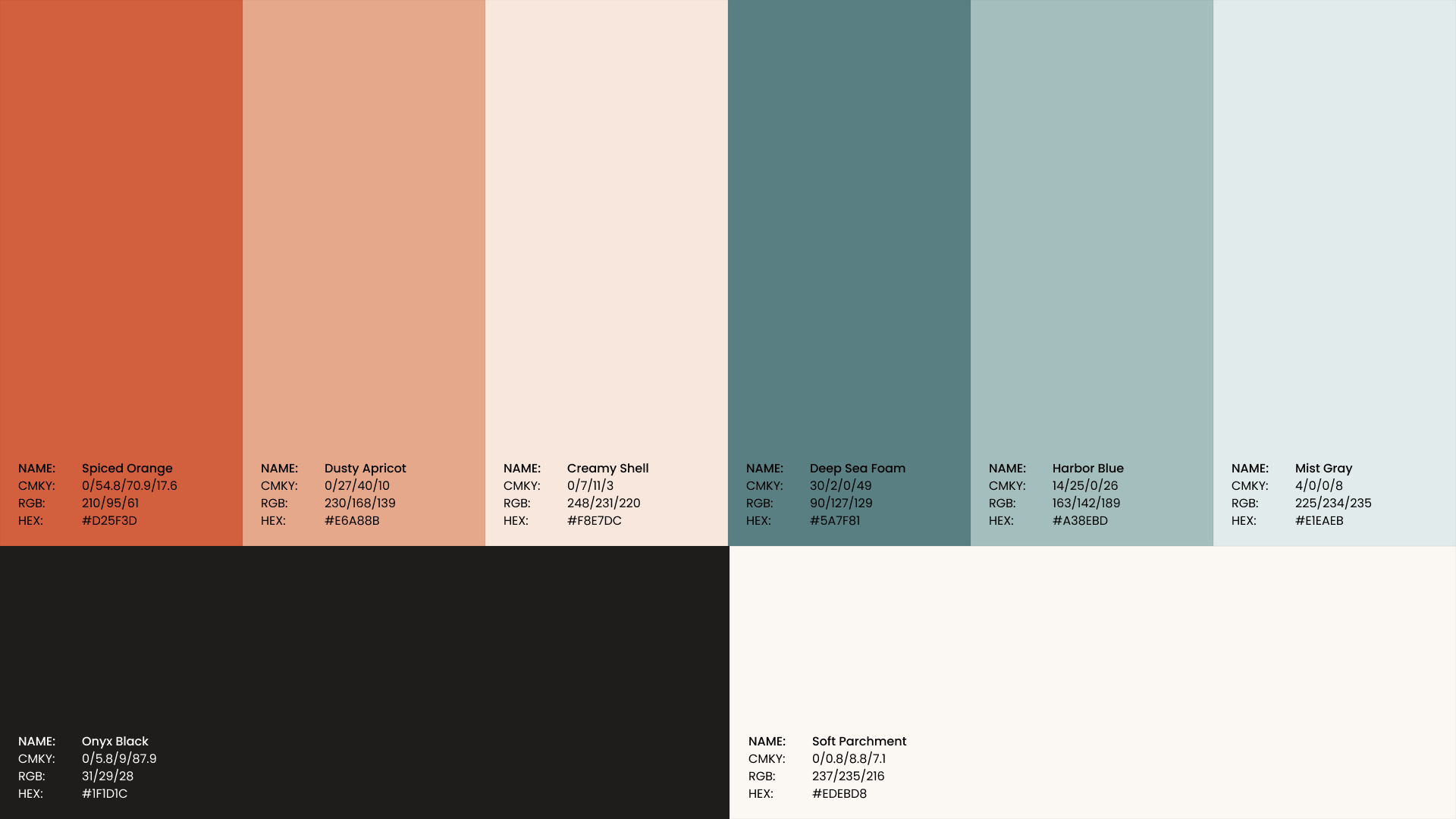 Hyperlink color palette: Spiced Orange, Dusty Apricot, Creamy Shell, Deep Sea Foam, Harbor Blue, Mist Gray, Onyx Black and Soft Parchment