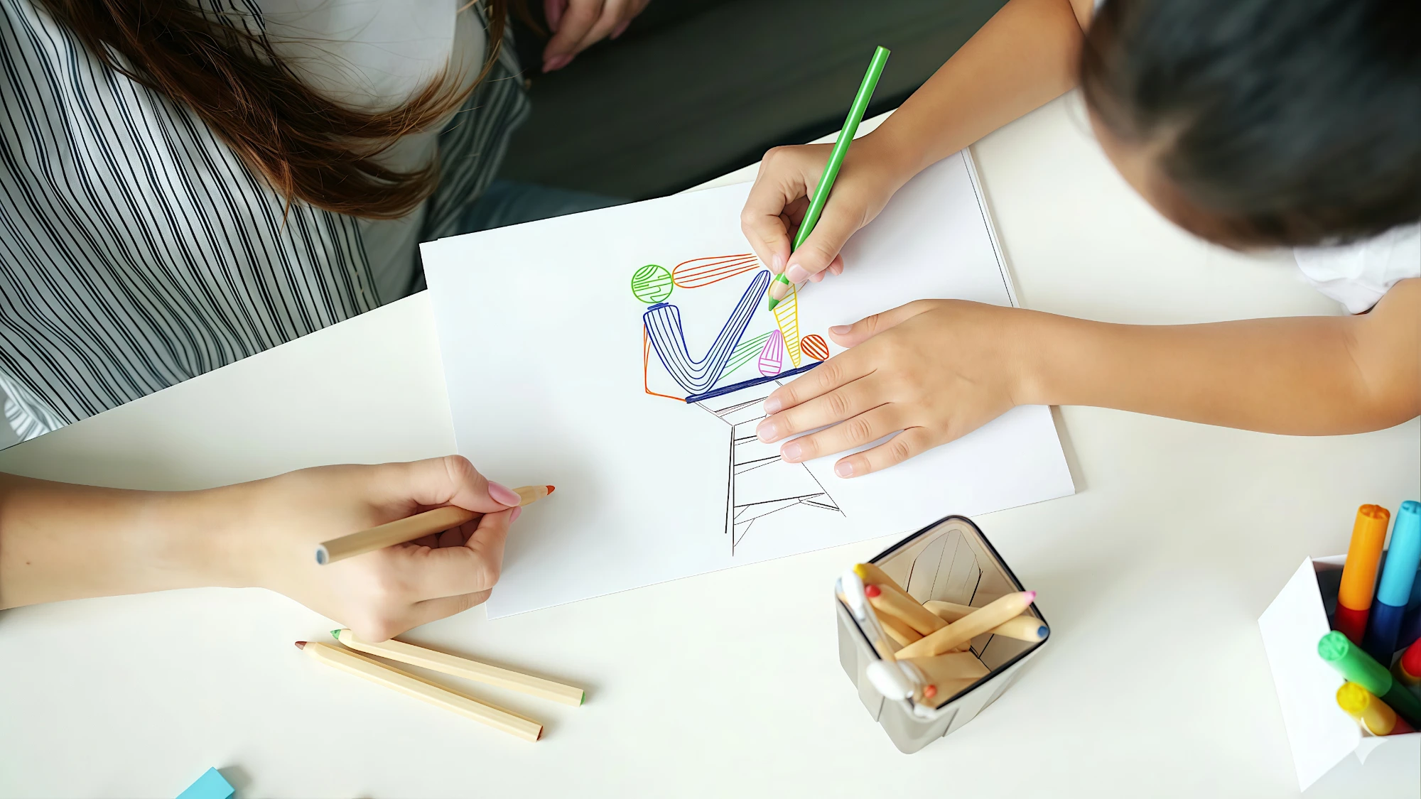 Two people drawing a colorful sculpture-inspired figure with colored pencils