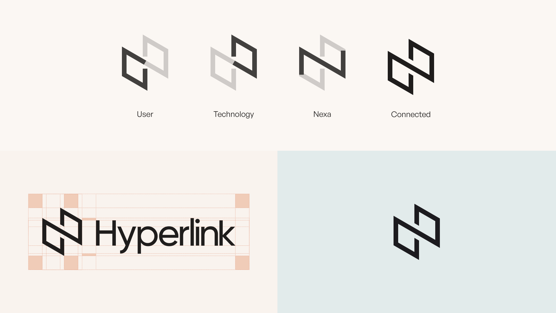 Hyperlink logo system: the mark’s four meanings (User, Technology, Nexa, Connected), the logo on its construction grid, and the mark alone