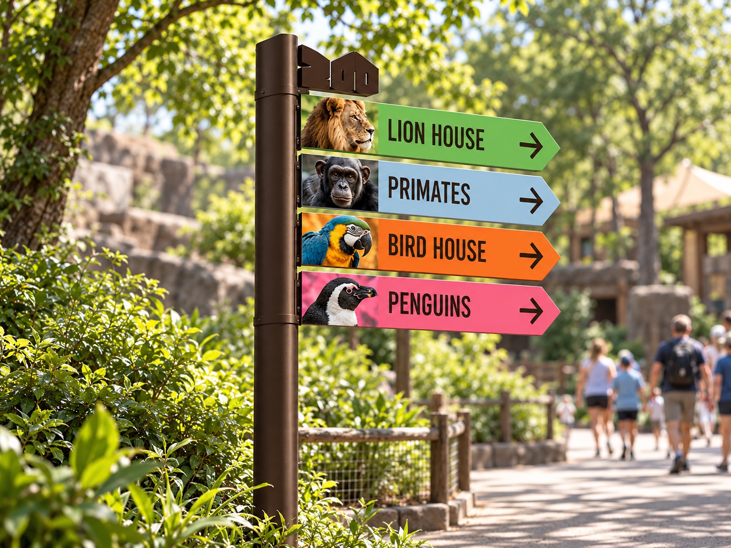 Directional signpost with color-coded arrows and animal photos along a zoo path