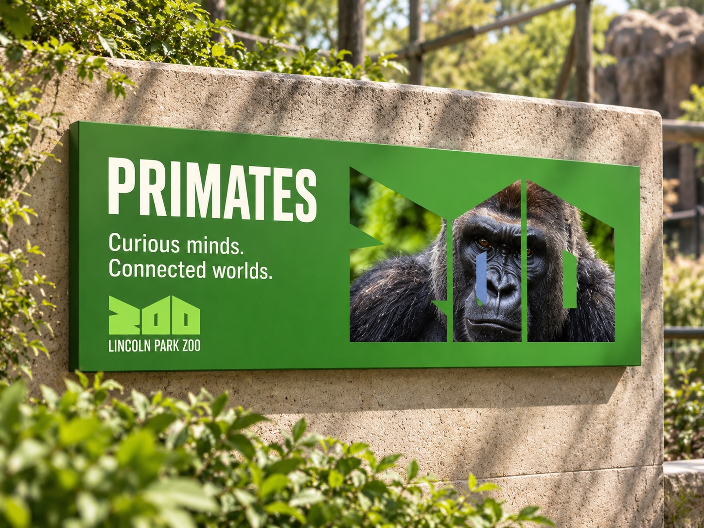 Green Primates exhibit sign, Curious minds. Connected worlds., with a gorilla inside the ZOO shape
