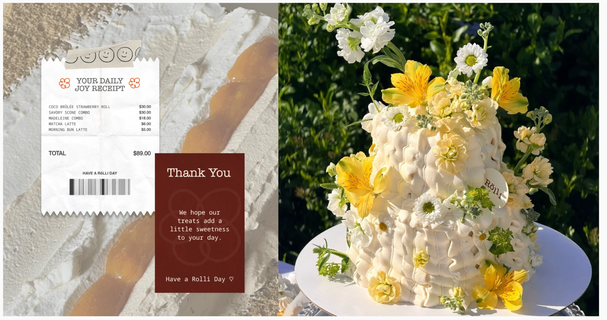 Rolli Bakehouse receipt and thank-you card on whipped cream, beside a white cake decorated with yellow flowers