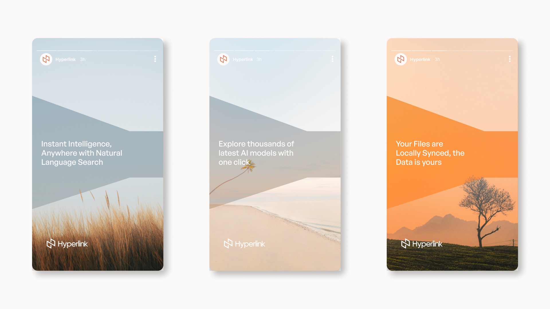 Three Hyperlink social media stories with landscape photos and short product messages
