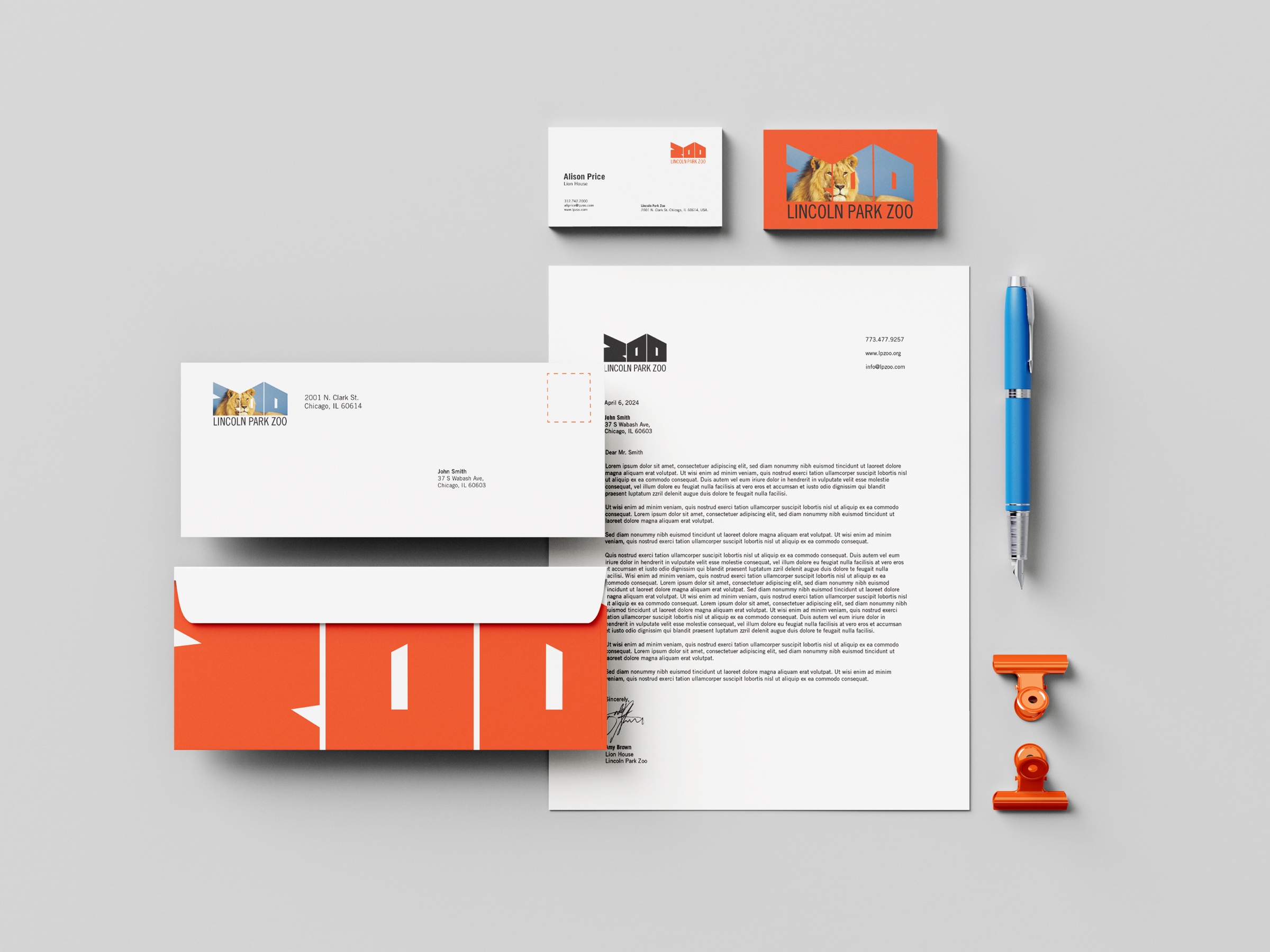 Lincoln Park Zoo stationery: business cards, letterhead, envelope and pen